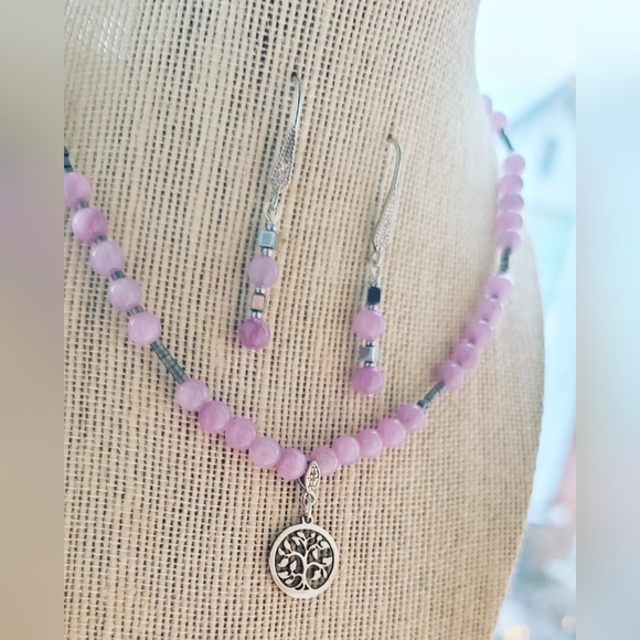 Kunzite, Hematite, Tree of Life charm necklace and earrings set - Picture 5 of 5
